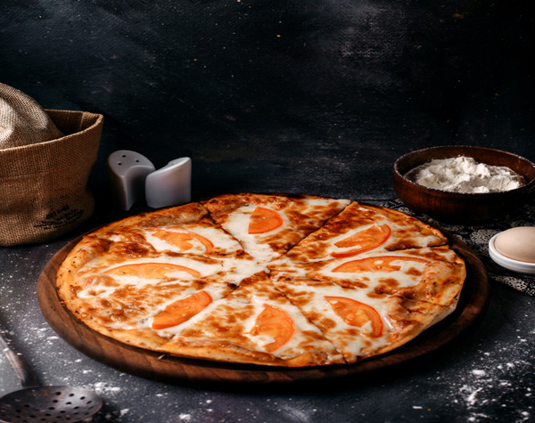 front view pizza with cheese red tomatoes grey surface